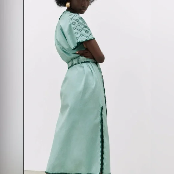 Zara Mint Green Embroidered Dress Midi Dress Kaftan Size extra small - Picture 6 of 13